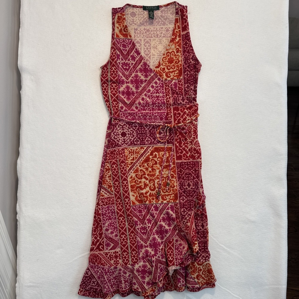 Lauren Ralph‎ Lauren Dress Sz S Knit Pink Orange Patchwork Faux Wrap Stretch